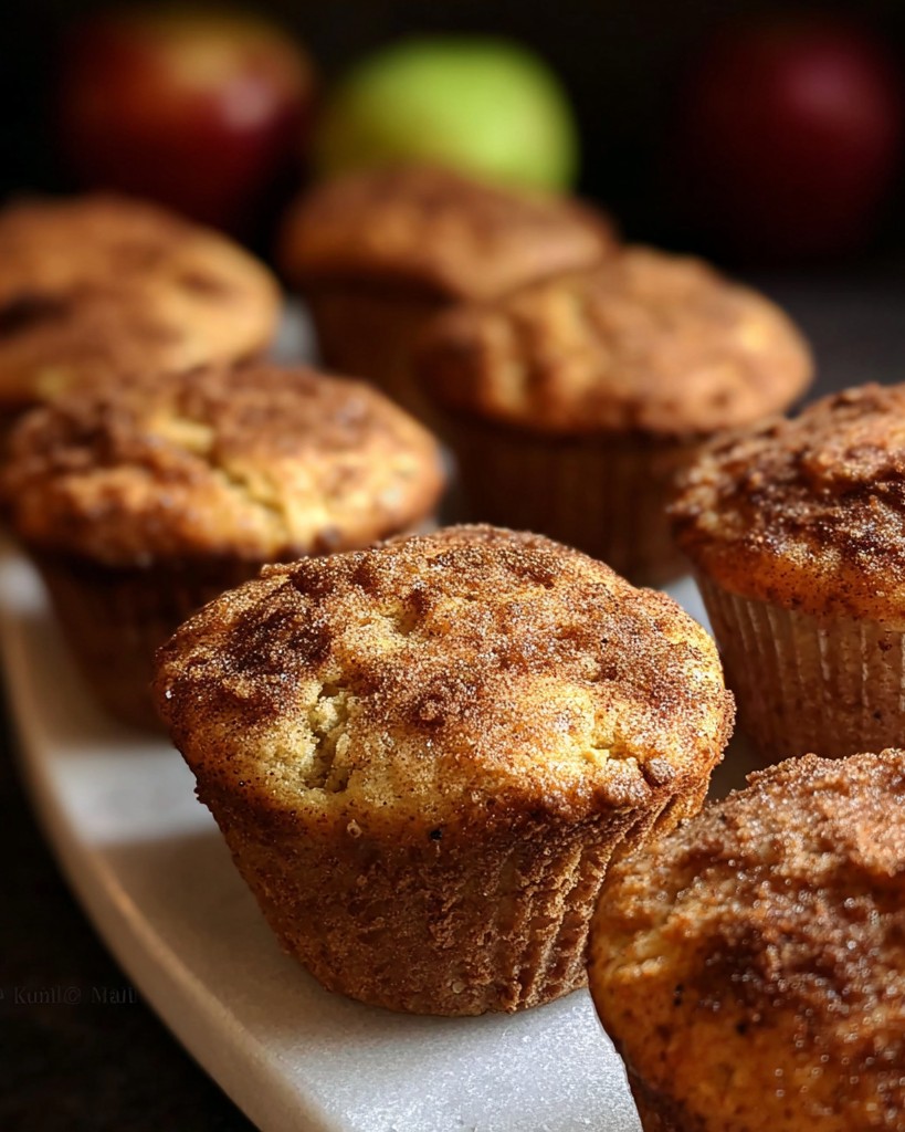 Golden apple cinnamon muffins with a sugary, cinnamon topping are cooling on a tray, making a cozy treat perfect for fall recipes and classic apple dessert recipes.
