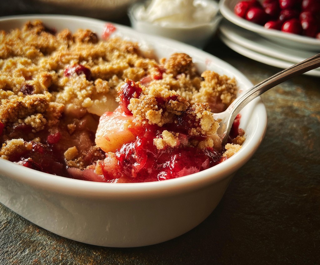 A warm apple cranberry crisp topped with a golden oat crumble, perfect for a cozy cranberry dessert and a flavorful cranberry recipe for the holidays.