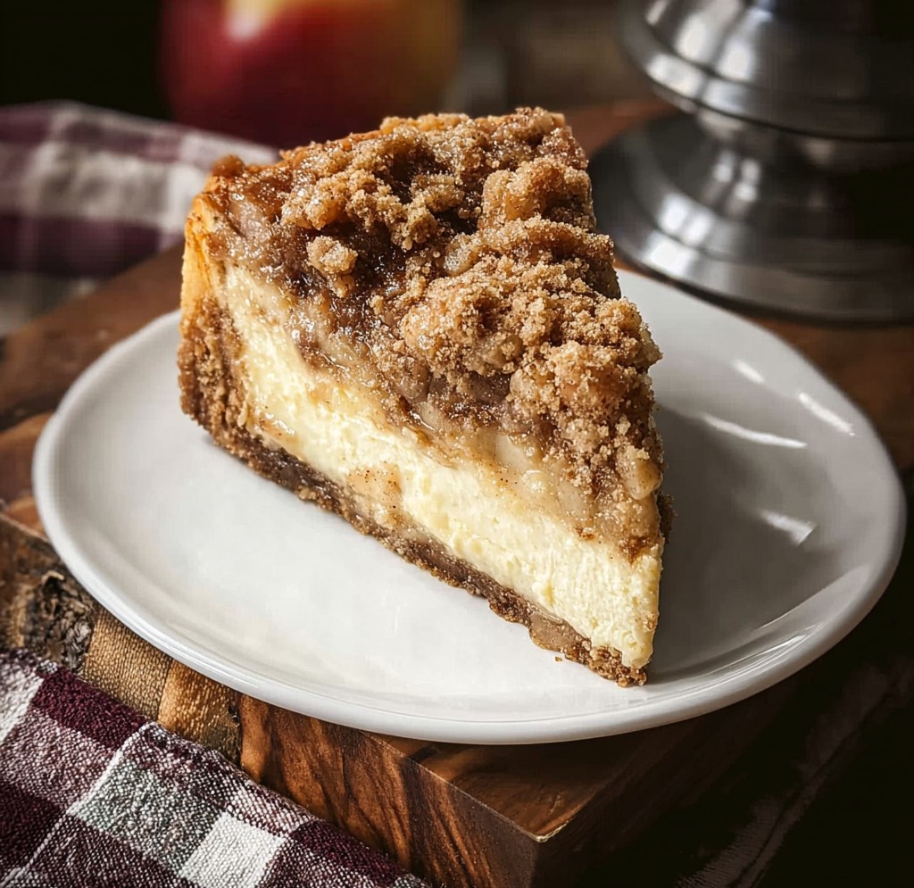 A rich apple crisp cheesecake with a buttery crumb topping and drizzle of caramel sauce makes a decadent treat, perfect for fall cheesecake recipes and indulgent cheesecake desserts.