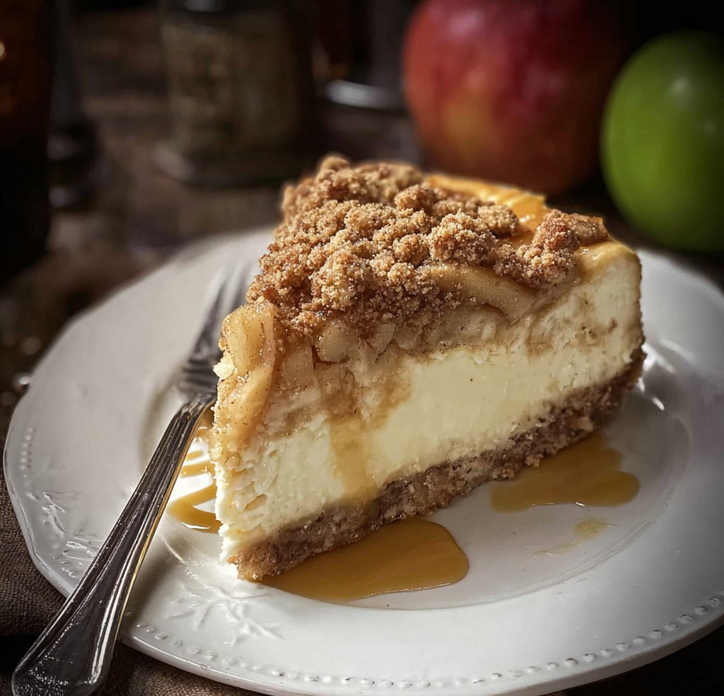 A rich apple crisp cheesecake with a buttery crumb topping and drizzle of caramel sauce makes a decadent treat, perfect for fall cheesecake recipes and indulgent cheesecake desserts.