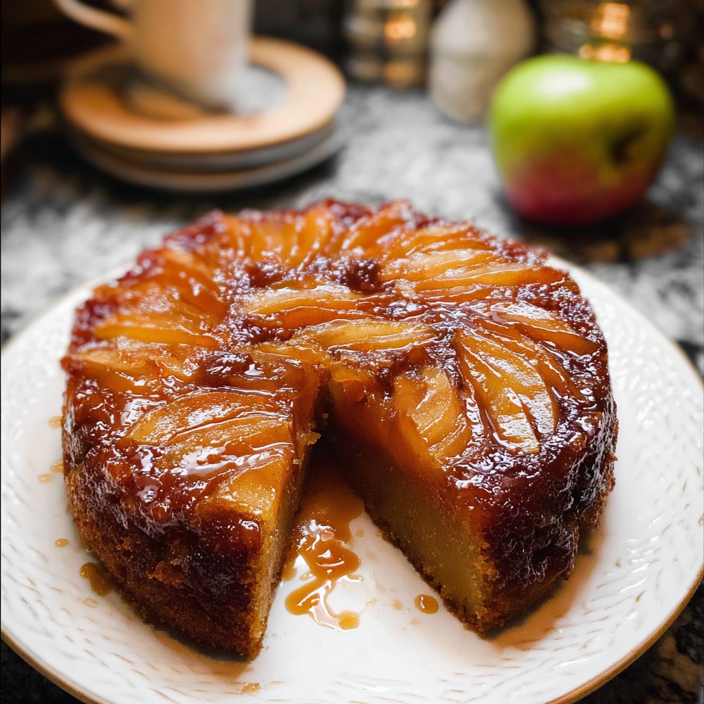 A rich caramel apple upside-down cake topped with tender apple slices and drizzled caramel glaze, perfect for apple dessert recipes and fall desserts easy enough for any gathering.