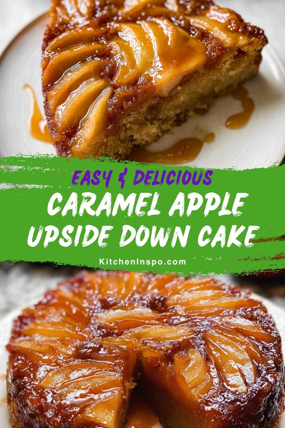 A rich caramel apple upside-down cake topped with tender apple slices and drizzled caramel glaze, perfect for apple dessert recipes and fall desserts easy enough for any gathering.