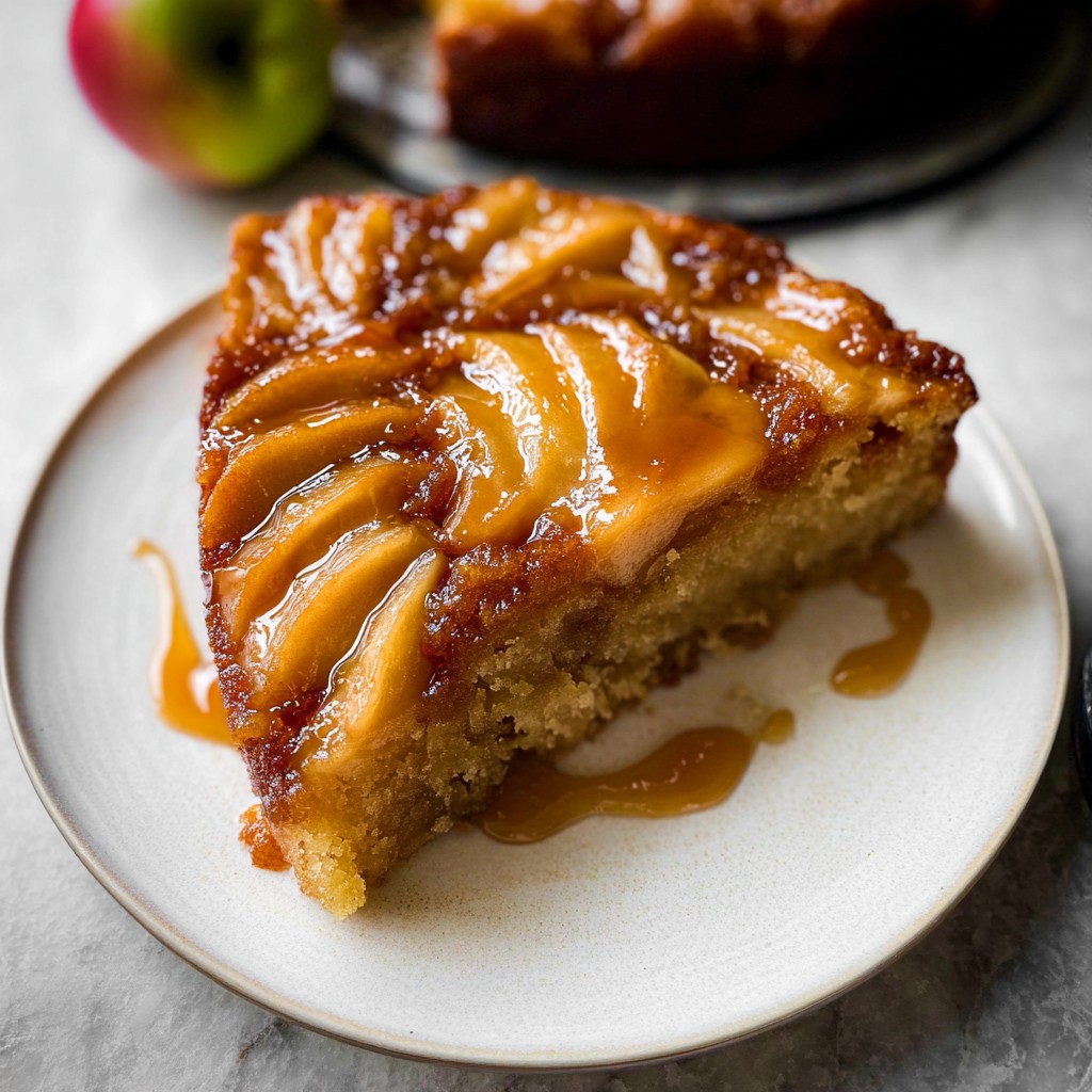 A rich caramel apple upside-down cake topped with tender apple slices and drizzled caramel glaze, perfect for apple dessert recipes and fall desserts easy enough for any gathering.