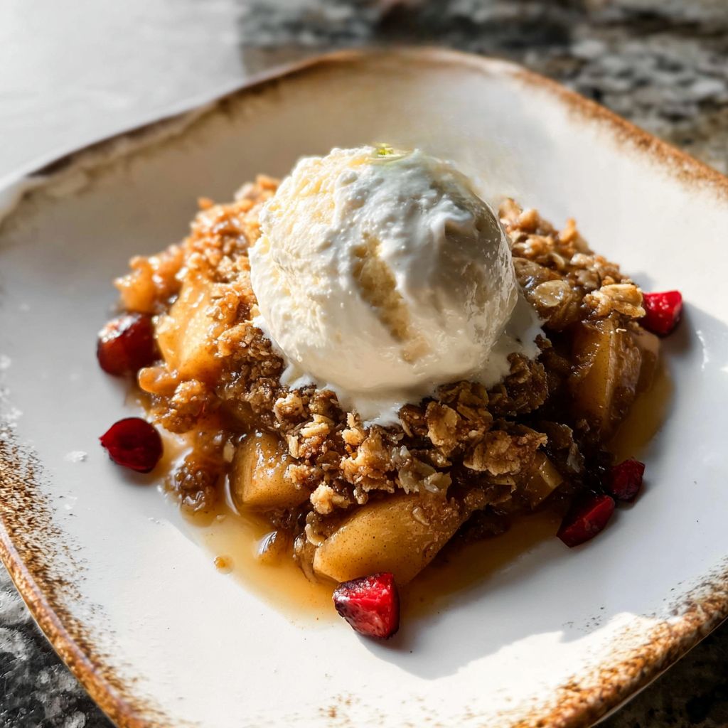 A warm serving of apple crisp topped with a scoop of melting vanilla ice cream and garnished with cranberries, making a cozy treat that’s perfect for easy gluten free desserts and classic apple dessert recipes.