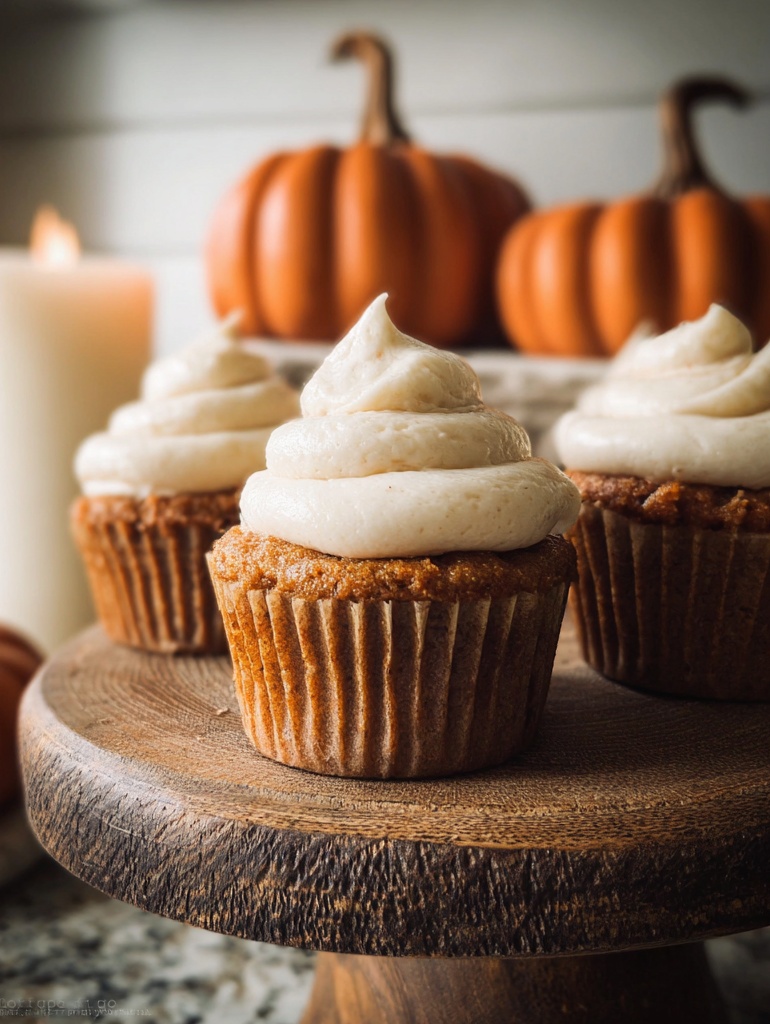 Moist pumpkin cupcakes topped with swirls of creamy frosting are arranged on a wooden surface, making festive fall cupcakes that are a cozy favorite in seasonal pumpkin recipes.