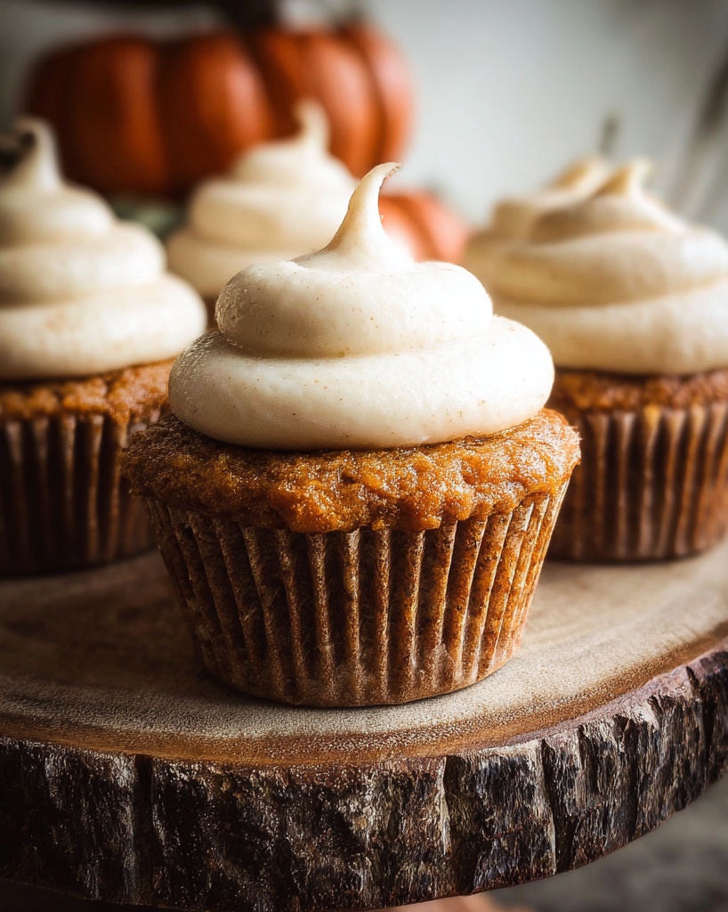 Moist pumpkin cupcakes topped with swirls of creamy frosting are arranged on a wooden surface, making festive fall cupcakes that are a cozy favorite in seasonal pumpkin recipes.