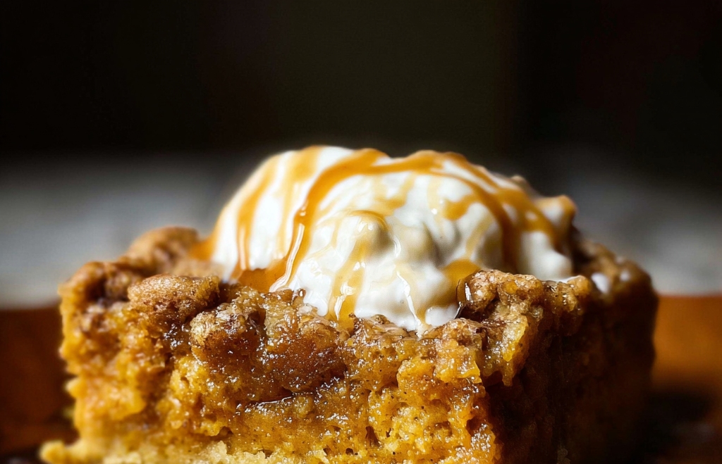 A warm slice of pumpkin dump cake recipe topped with whipped cream and drizzled caramel showcases its rich spiced layers, making it a cozy fall favorite in seasonal pumpkin recipes.