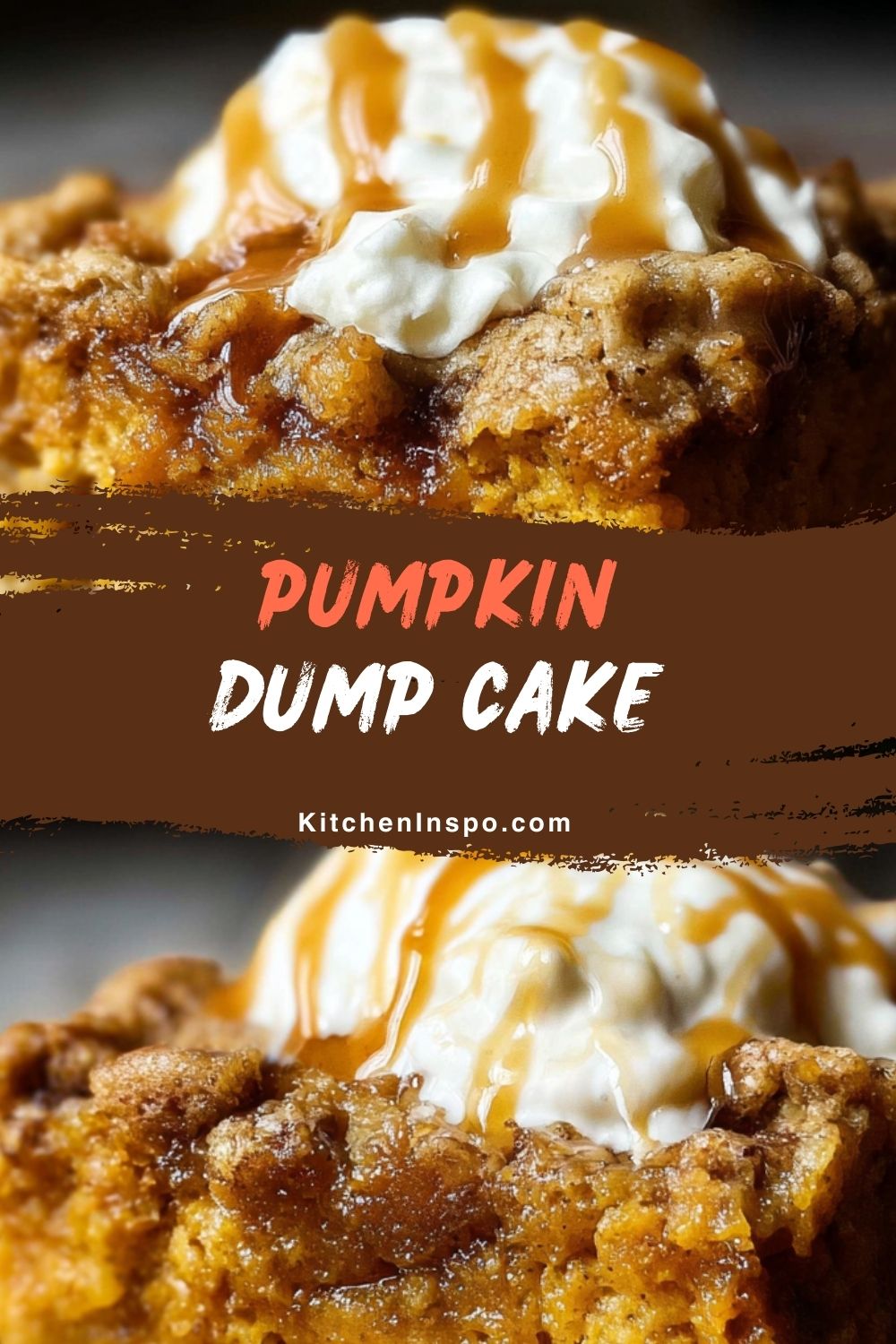 A warm slice of pumpkin dump cake recipe topped with whipped cream and drizzled caramel showcases its rich spiced layers, making it a cozy fall favorite in seasonal pumpkin recipes.
