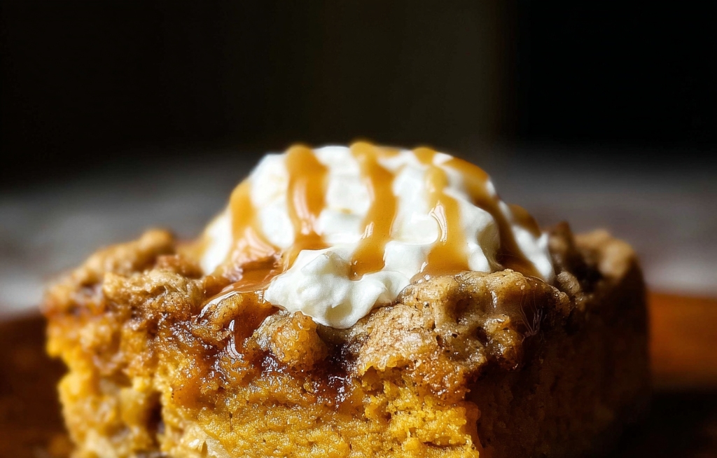 A warm slice of pumpkin dump cake recipe topped with whipped cream and drizzled caramel showcases its rich spiced layers, making it a cozy fall favorite in seasonal pumpkin recipes.
