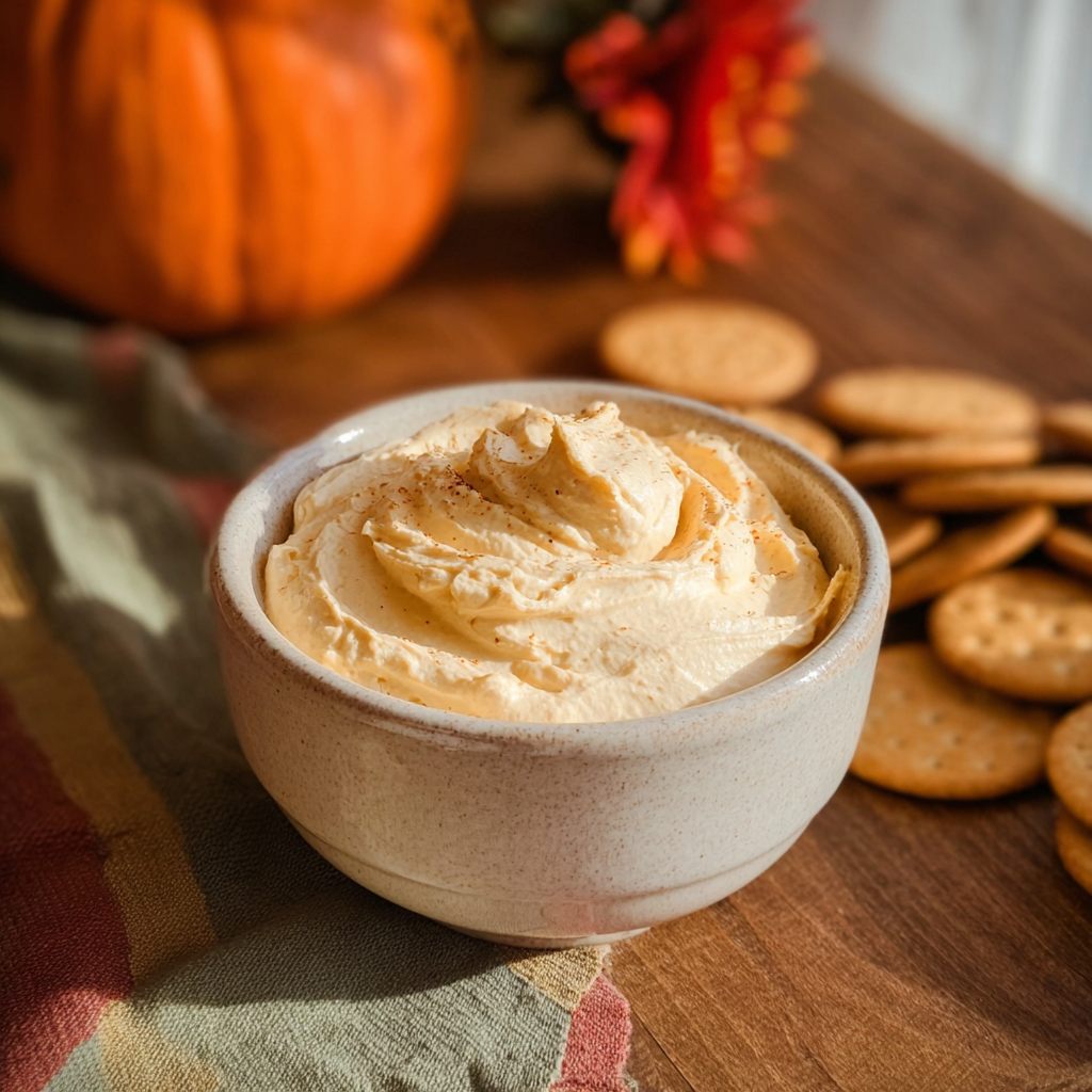 A smooth and fluffy pumpkin fluff dip swirled in a ceramic bowl, making a healthy pumpkin dessert that’s light, creamy, and perfect for fall pumpkin recipes.
