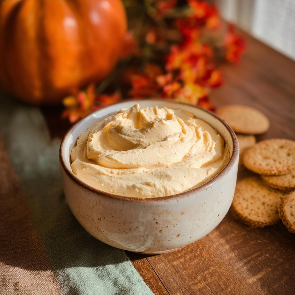 A smooth and fluffy pumpkin fluff dip swirled in a ceramic bowl, making a healthy pumpkin dessert that’s light, creamy, and perfect for fall pumpkin recipes.