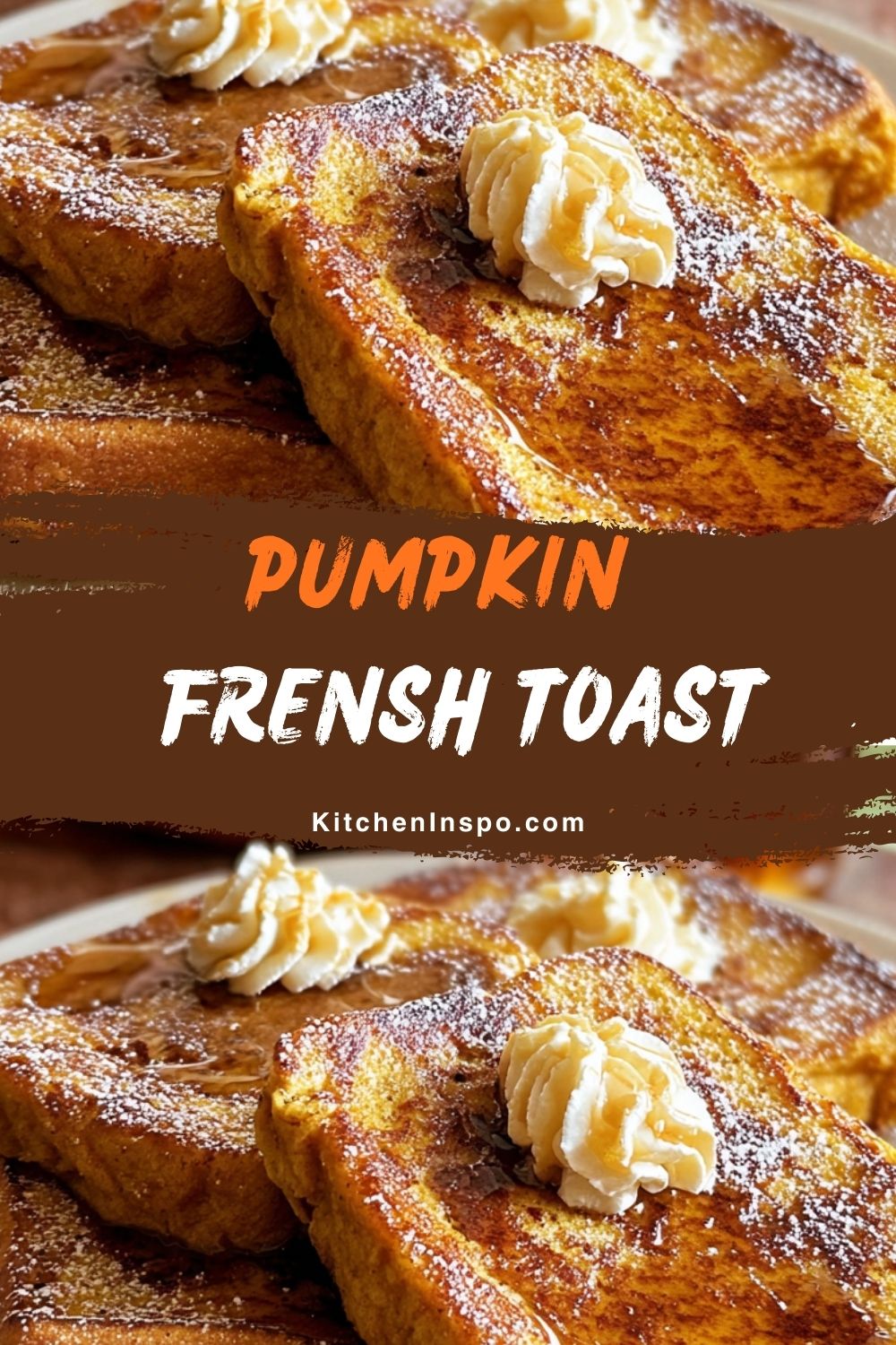Thick slices of golden pumpkin French toast topped with whipped cream, powdered sugar, and syrup make a cozy fall breakfast that’s a sweet seasonal favorite in pumpkin recipes.