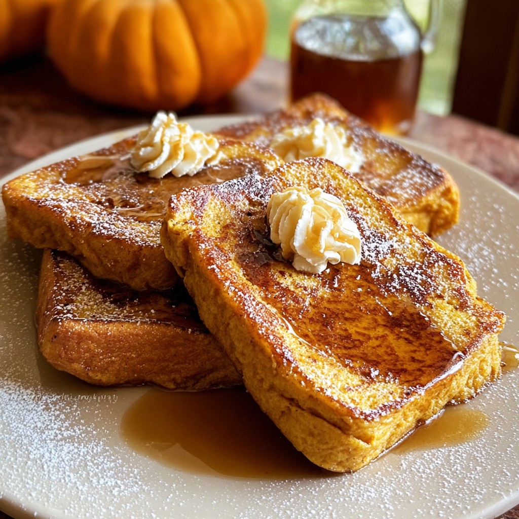 Thick slices of golden pumpkin French toast topped with whipped cream, powdered sugar, and syrup make a cozy fall breakfast that’s a sweet seasonal favorite in pumpkin recipes.