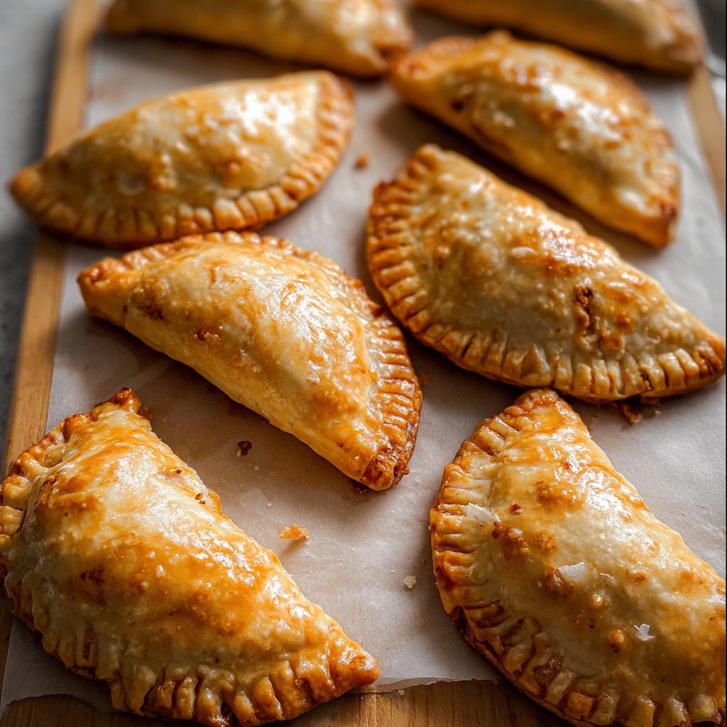 Golden, flaky hand pies filled with spiced pumpkin filling are arranged on parchment paper, making a cozy fall treat featured in delicious pumpkin recipes.