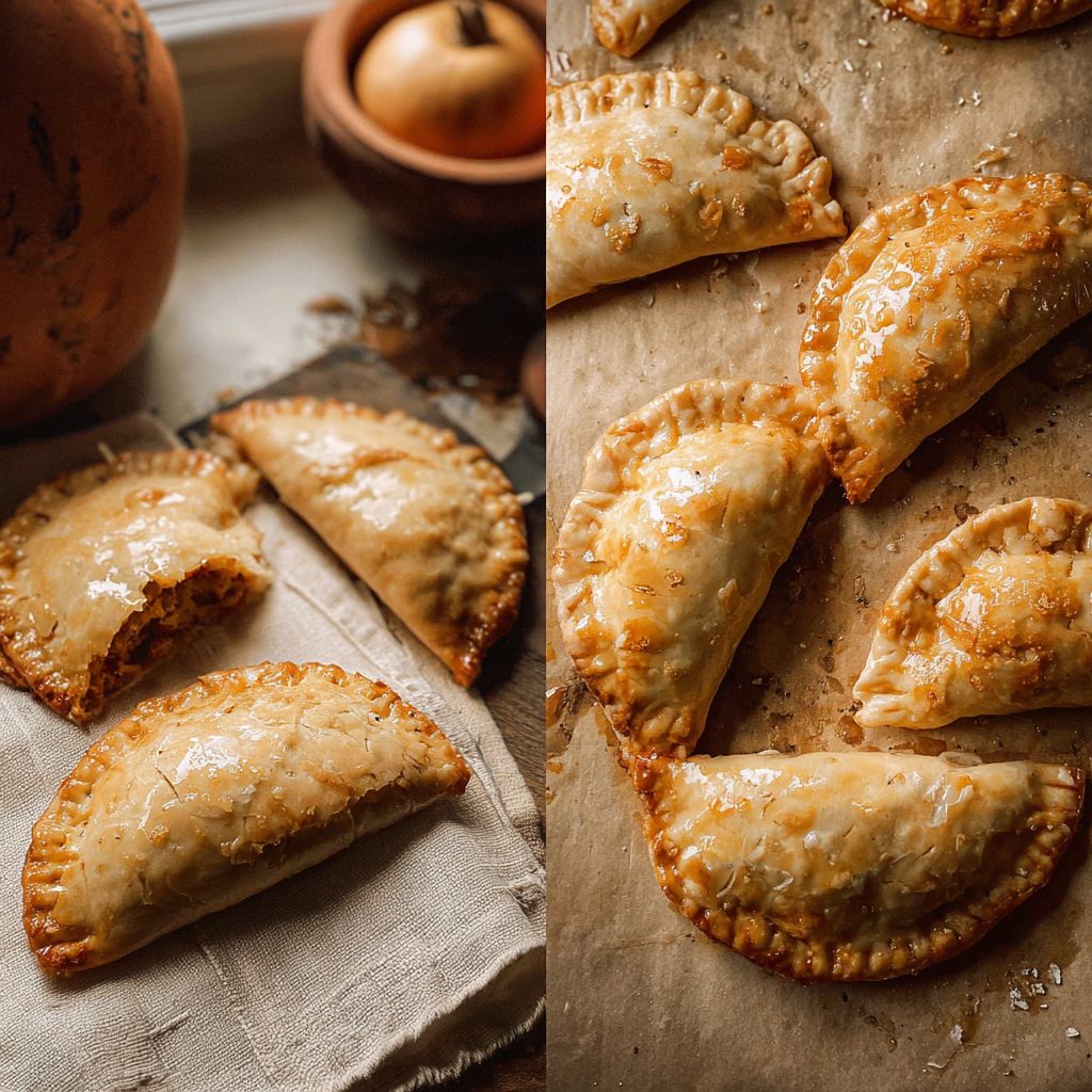 Golden, flaky hand pies filled with spiced pumpkin filling are arranged on parchment paper, making a cozy fall treat featured in delicious pumpkin recipes.