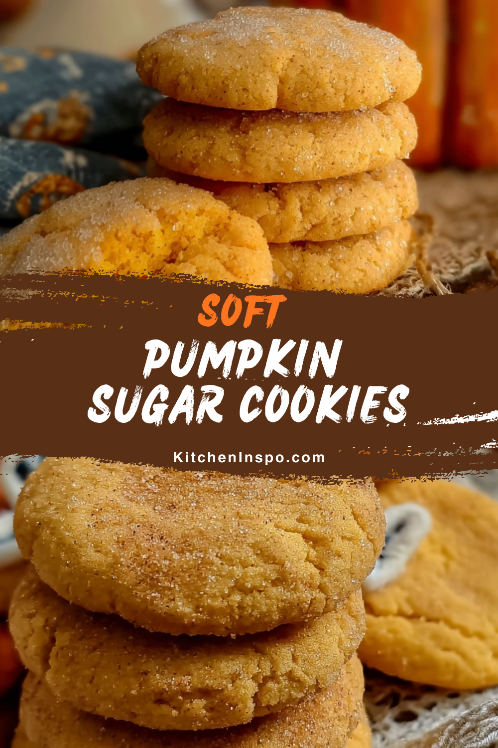Golden, sugar-dusted pumpkin sugar cookies stacked neatly on a rustic surface, making a soft and chewy pumpkin cookie recipe that’s a delicious addition to seasonal pumpkin recipes.
