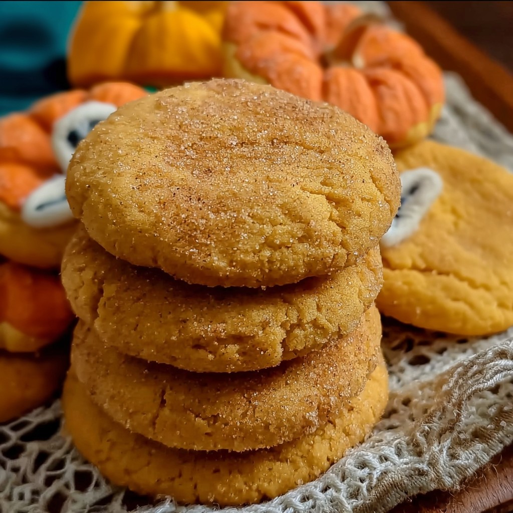 Golden, sugar-dusted pumpkin sugar cookies stacked neatly on a rustic surface, making a soft and chewy pumpkin cookie recipe that’s a delicious addition to seasonal pumpkin recipes.