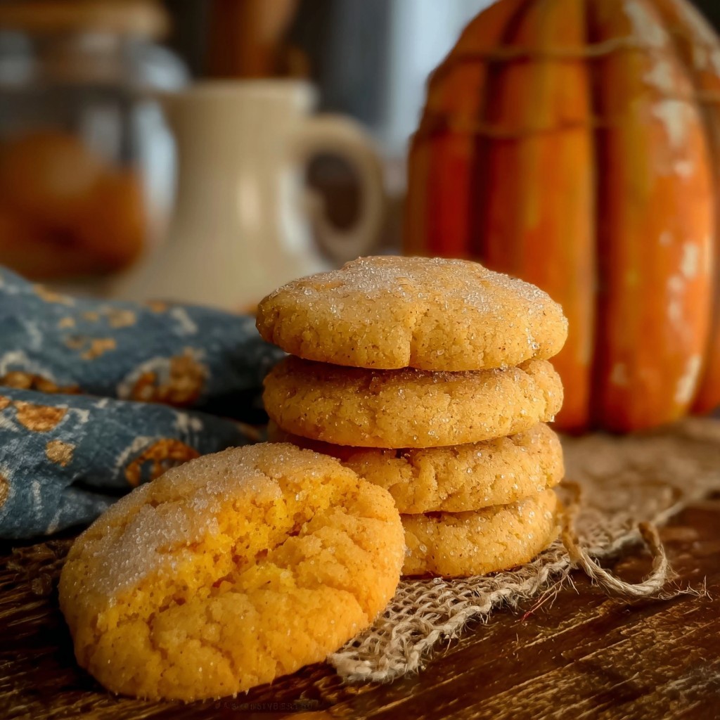 Golden, sugar-dusted pumpkin sugar cookies stacked neatly on a rustic surface, making a soft and chewy pumpkin cookie recipe that’s a delicious addition to seasonal pumpkin recipes.