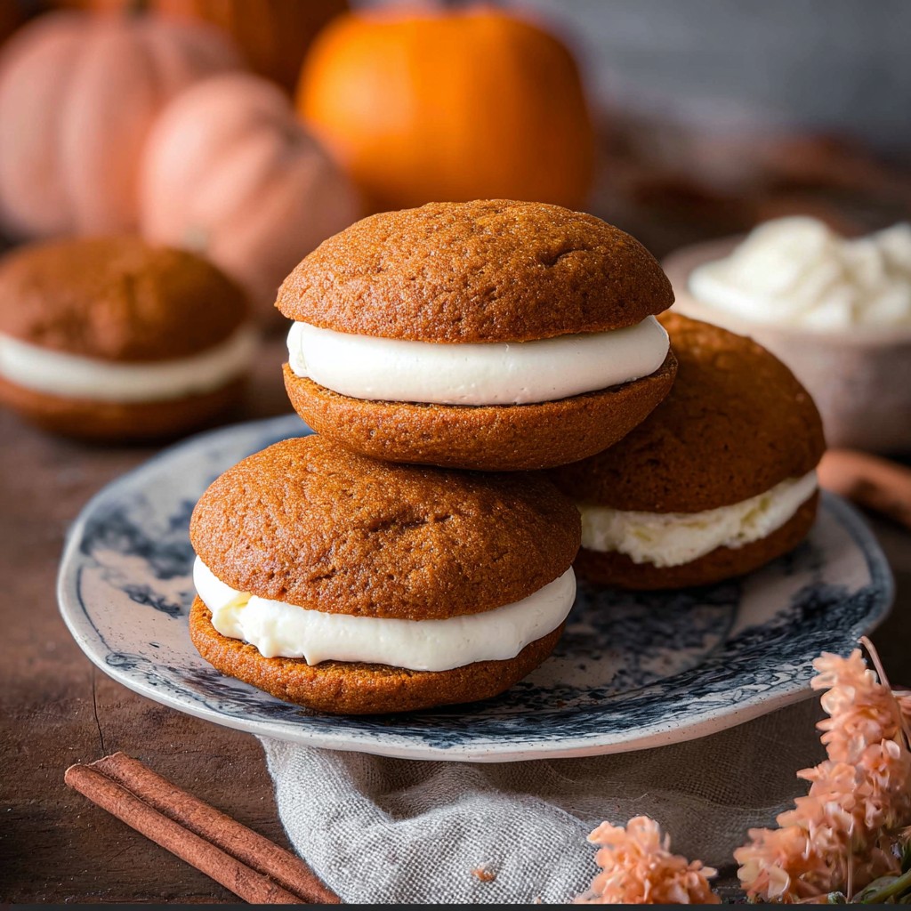 Moist pumpkin whoopie pies filled with a thick layer of creamy frosting create a decadent treat that’s perfect for cream cheese recipes and seasonal pumpkin recipes.
