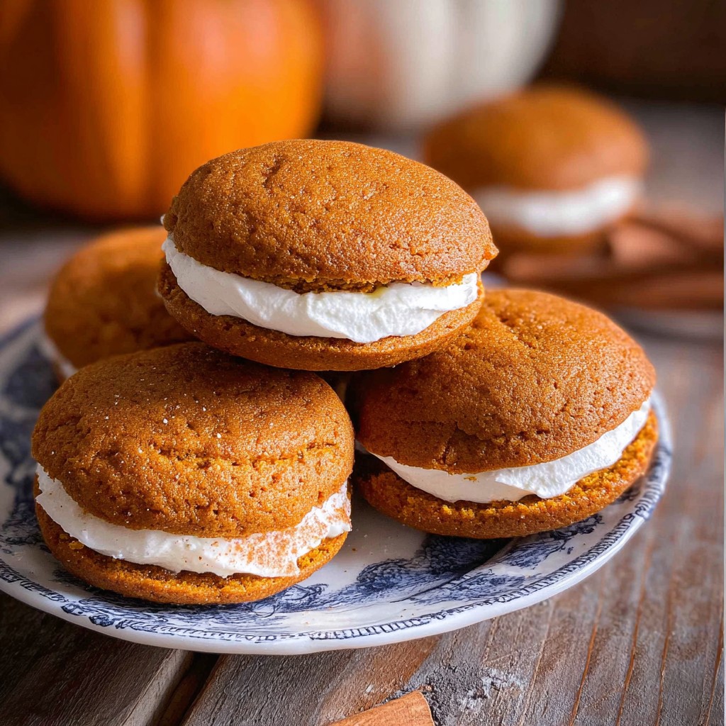 Moist pumpkin whoopie pies filled with a thick layer of creamy frosting create a decadent treat that’s perfect for cream cheese recipes and seasonal pumpkin recipes.