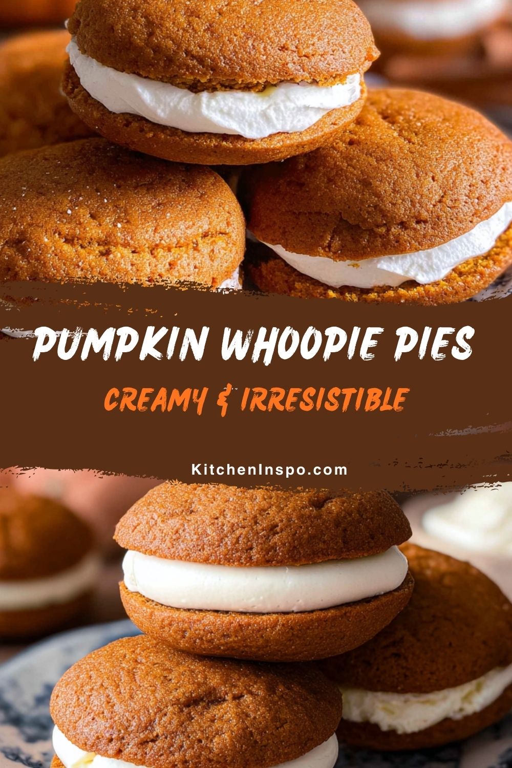 Moist pumpkin whoopie pies filled with a thick layer of creamy frosting create a decadent treat that’s perfect for cream cheese recipes and seasonal pumpkin recipes.