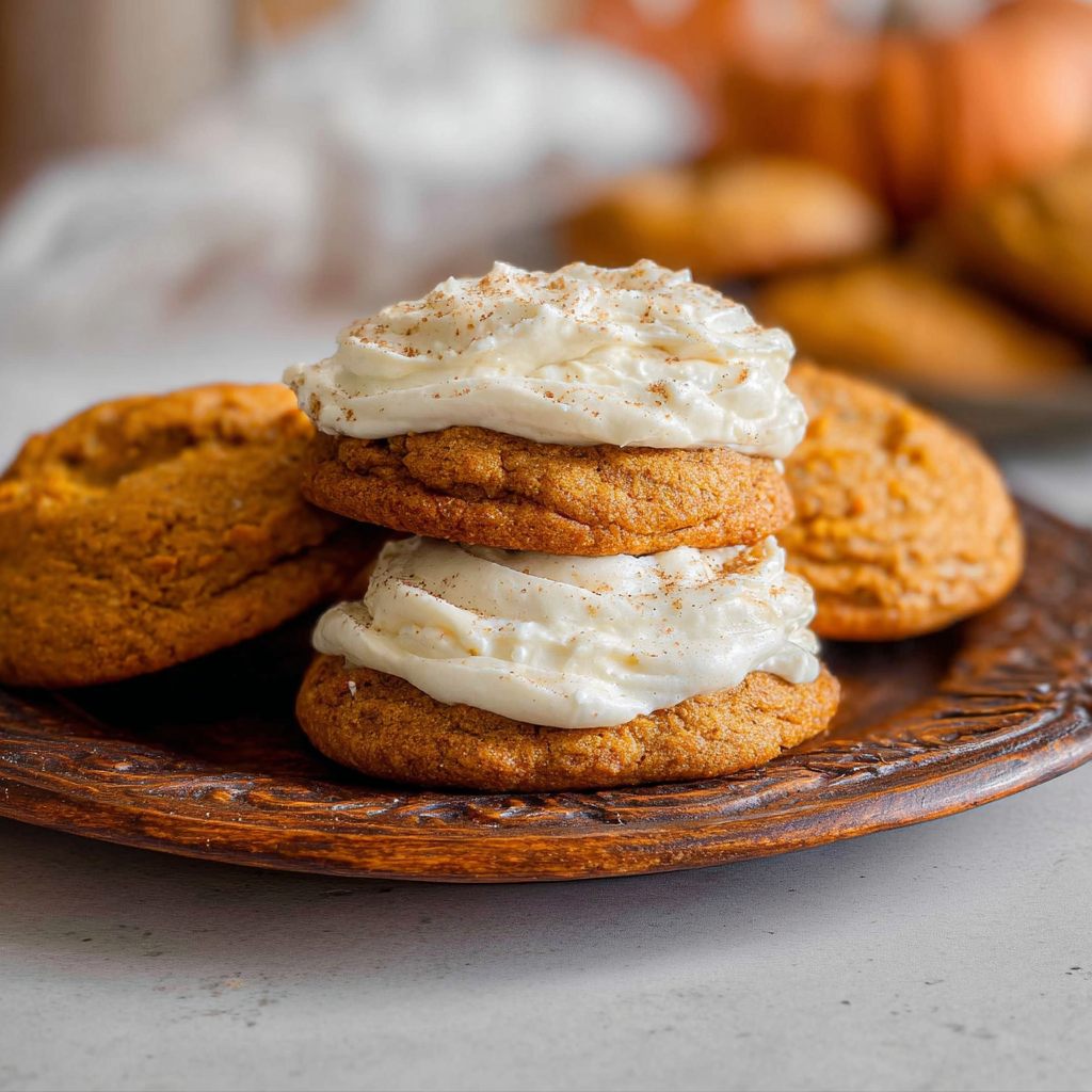 Freshly baked pumpkin spice cookies topped with creamy frosting and a sprinkle of cinnamon are stacked on a plate, making a cozy fall dessert perfect for holiday gatherings.