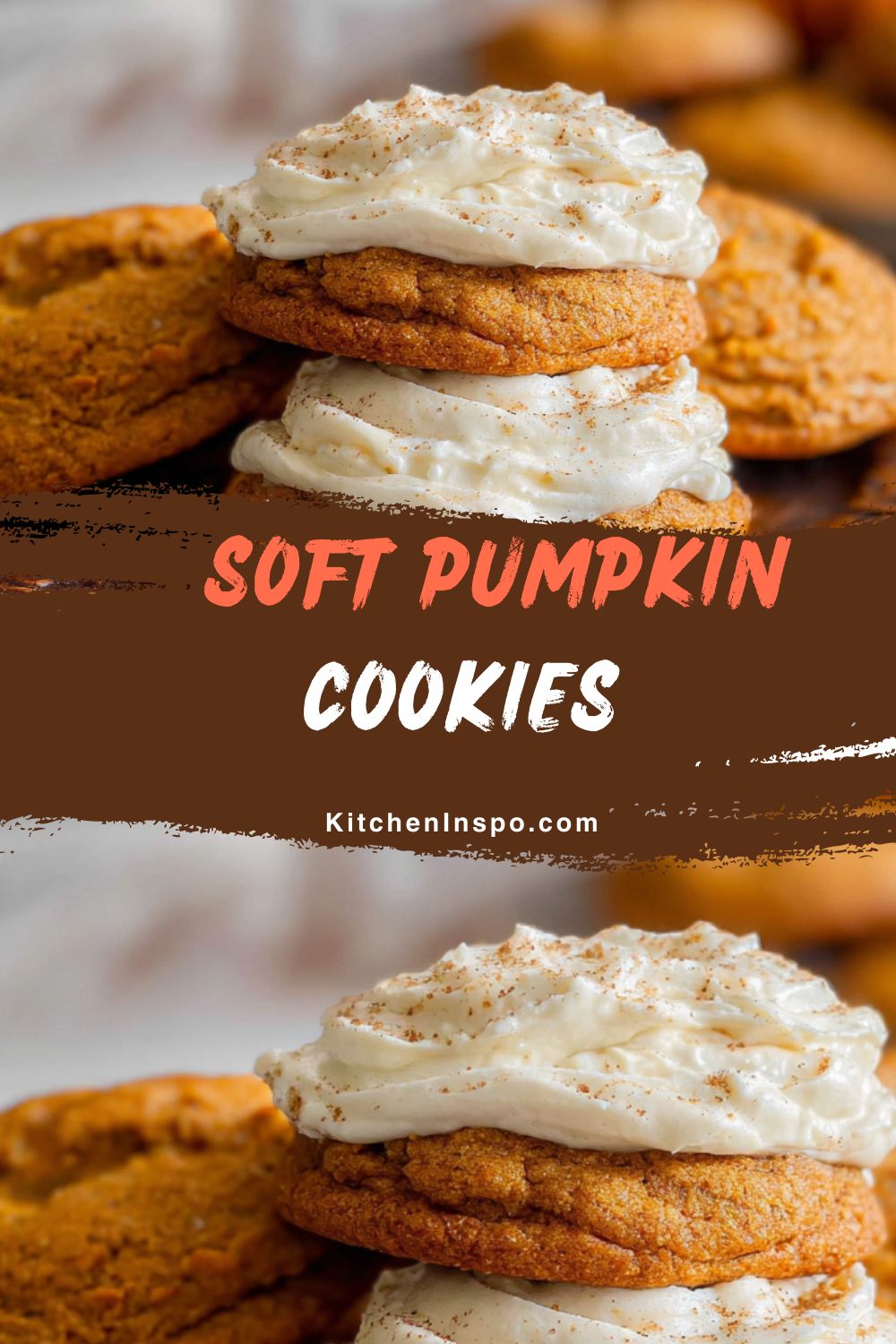 Freshly baked pumpkin spice cookies topped with creamy frosting and a sprinkle of cinnamon are stacked on a plate, making a cozy fall dessert perfect for holiday gatherings.