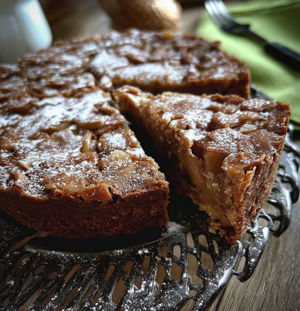 A rustic Swedish apple cake with caramelized apple slices and a dusting of powdered sugar sits sliced on a serving platter, making a cozy treat inspired by the Scandinavian kitchen and perfect for holiday desserts.