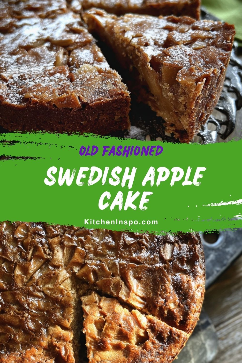 A rustic Swedish apple cake with caramelized apple slices and a dusting of powdered sugar sits sliced on a serving platter, making a cozy treat inspired by the Scandinavian kitchen and perfect for holiday desserts.