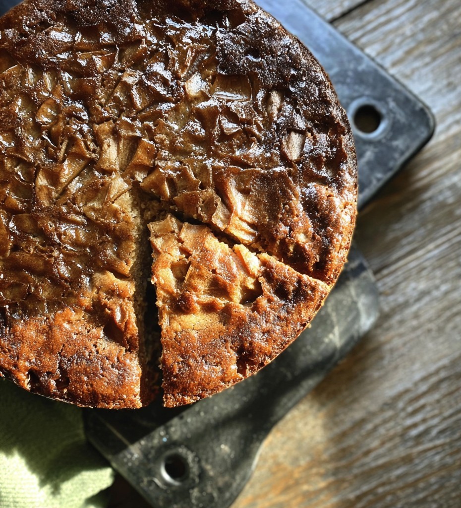 A rustic Swedish apple cake with caramelized apple slices and a dusting of powdered sugar sits sliced on a serving platter, making a cozy treat inspired by the Scandinavian kitchen and perfect for holiday desserts.