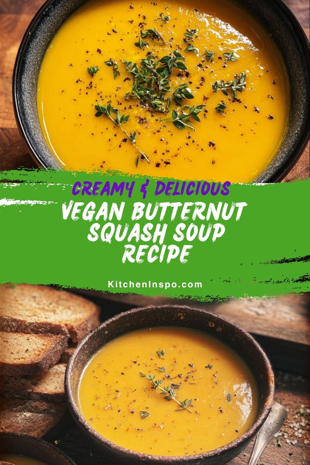 A bowl of creamy vegan butternut squash soup garnished with fresh herbs, perfect as an easy vegan soup for a cozy and nutritious meal.