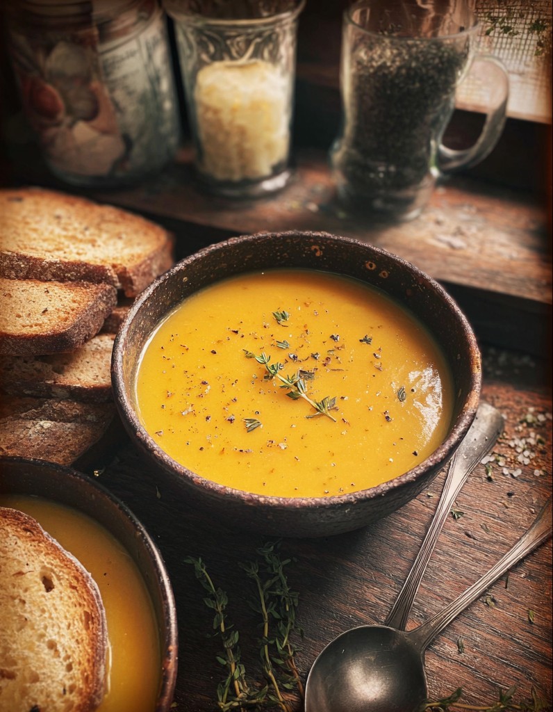 A bowl of creamy vegan butternut squash soup garnished with fresh herbs, perfect as an easy vegan soup for a cozy and nutritious meal.