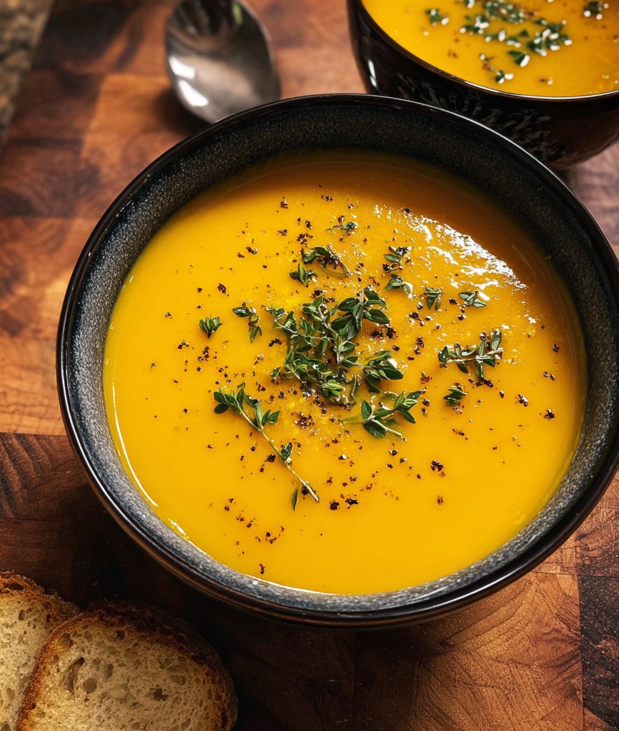 A bowl of creamy vegan butternut squash soup garnished with fresh herbs, perfect as an easy vegan soup for a cozy and nutritious meal.