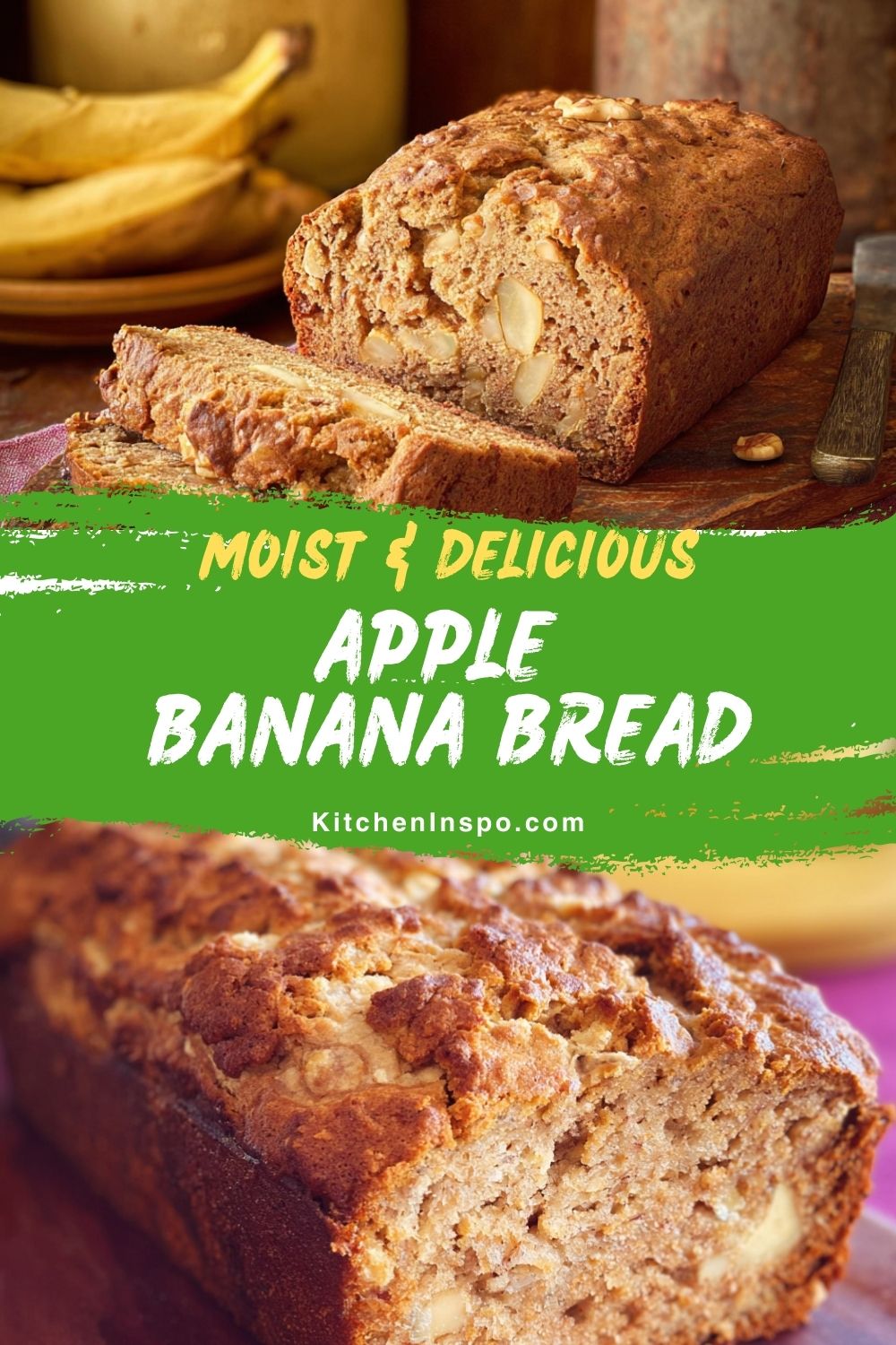 A moist loaf of apple banana bread filled with chunks of fresh apple, perfect as a Healthy Banana Bread Recipe for breakfast or a wholesome snack.