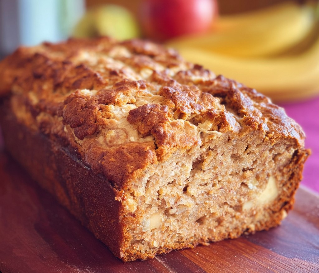 A moist loaf of apple banana bread filled with chunks of fresh apple, perfect as a Healthy Banana Bread Recipe for breakfast or a wholesome snack.