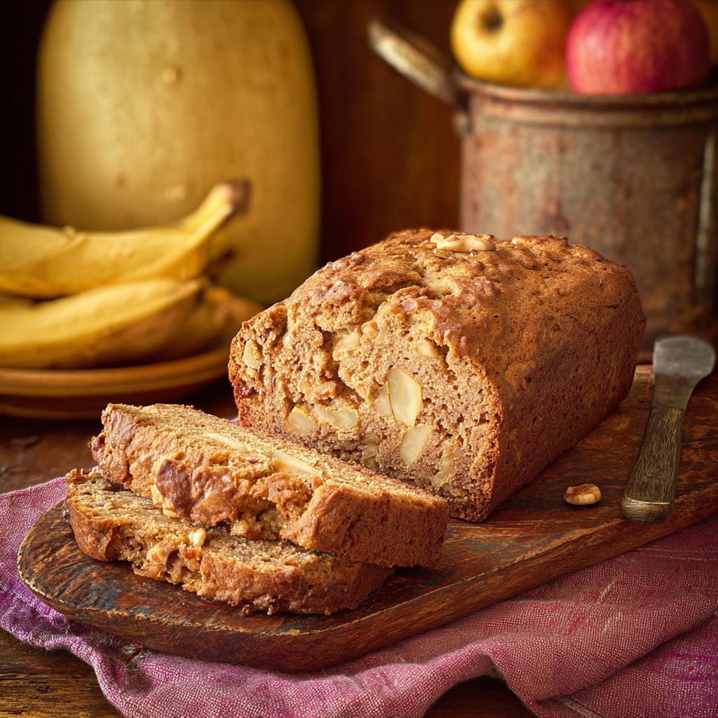 A moist loaf of apple banana bread filled with chunks of fresh apple, perfect as a Healthy Banana Bread Recipe for breakfast or a wholesome snack.