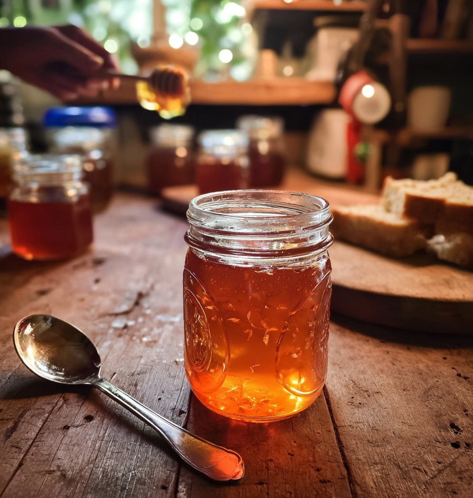 A clear jar of golden applz jelly on a rustic wooden table, perfect for a sweet and smooth Homemade Jelly to enjoy with breakfast or desserts.