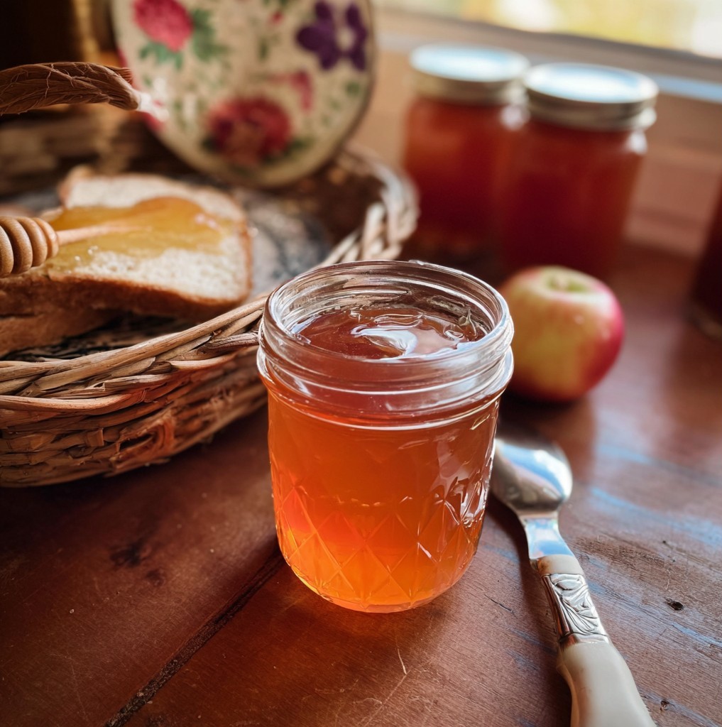 A clear jar of golden applz jelly on a rustic wooden table, perfect for a sweet and smooth Homemade Jelly to enjoy with breakfast or desserts.