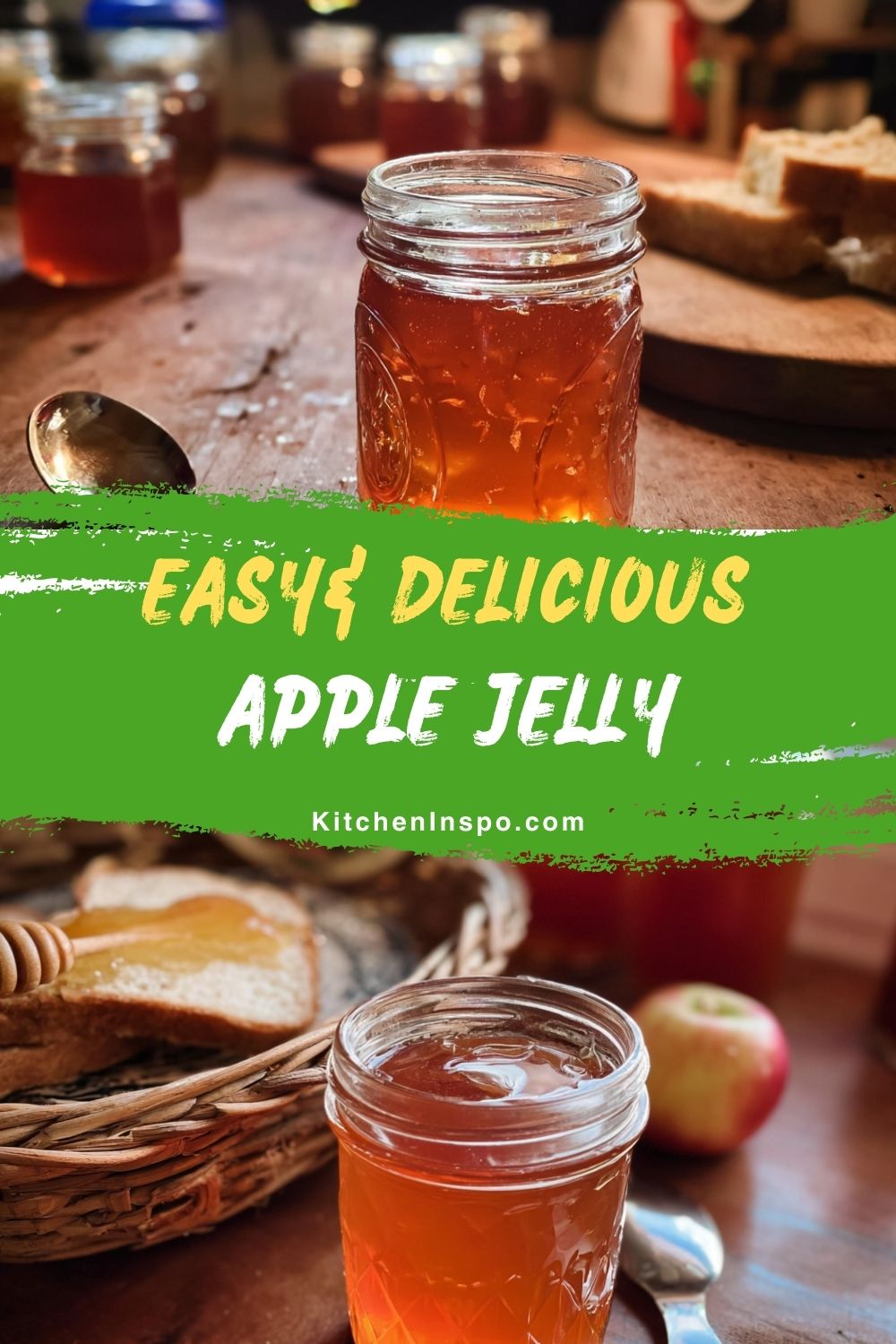 A clear jar of golden applz jelly on a rustic wooden table, perfect for a sweet and smooth Homemade Jelly to enjoy with breakfast or desserts.