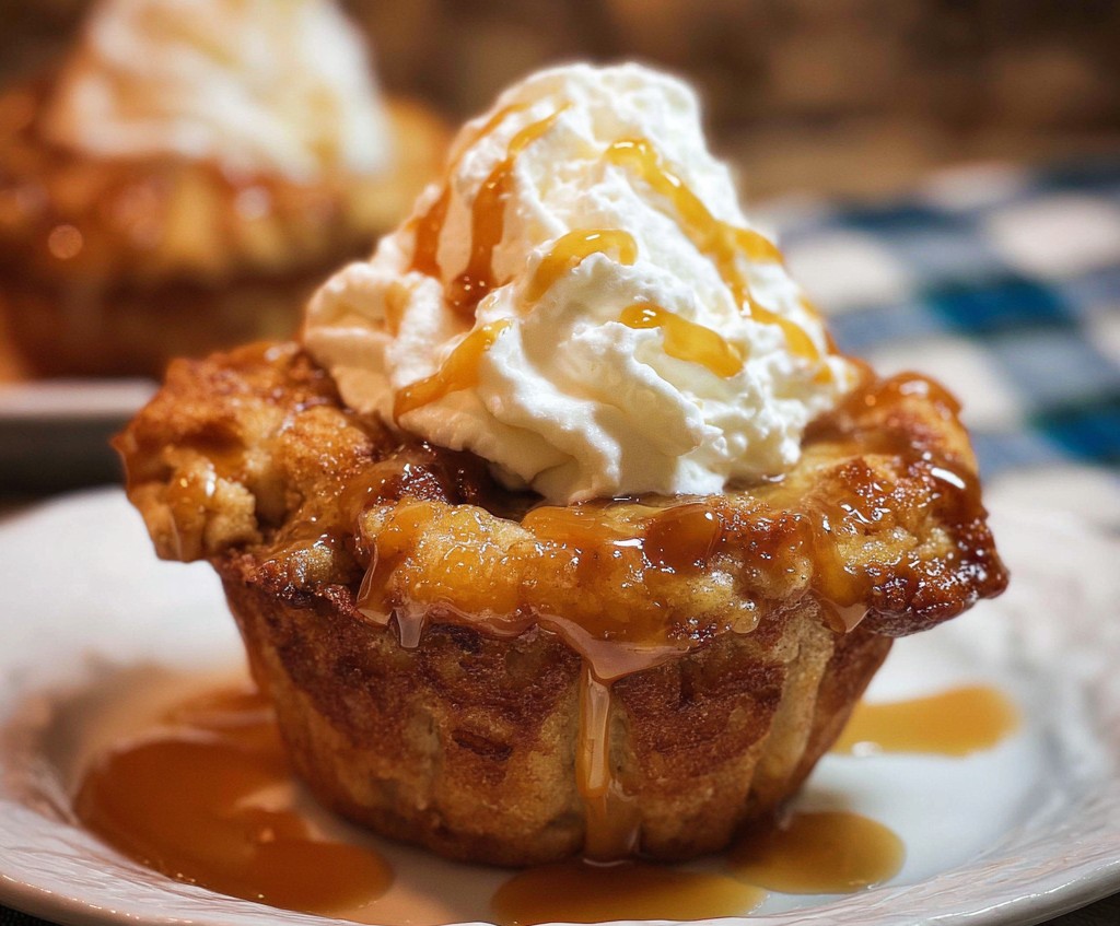 Golden cupcakes filled with sweet apple pie filling and topped with whipped cream and caramel drizzle, perfect for {Apple Pie Recipes, Cupcake Recipes}