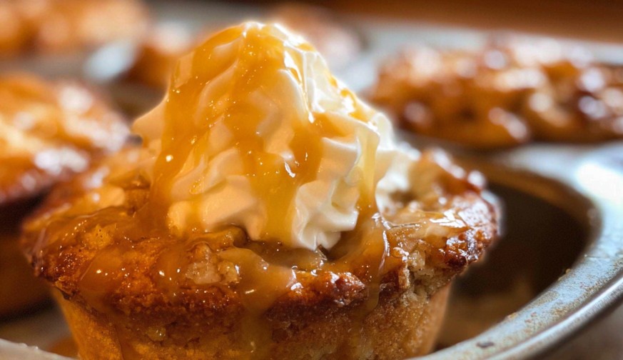 Golden cupcakes filled with sweet apple pie filling and topped with whipped cream and caramel drizzle, perfect for {Apple Pie Recipes, Cupcake Recipes}