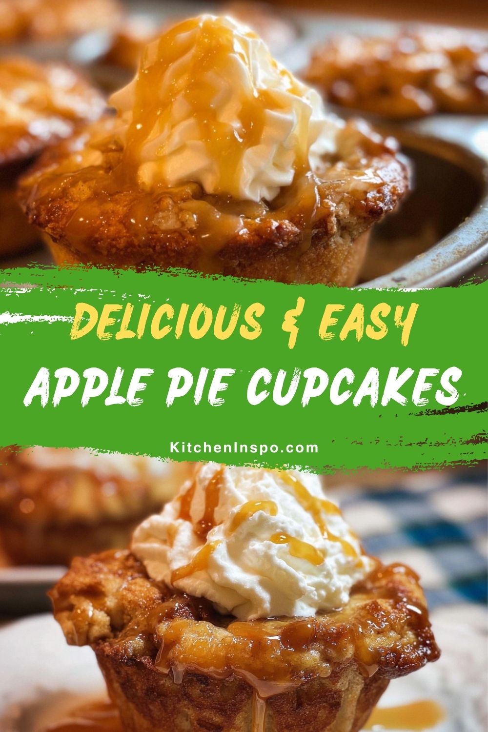 Golden cupcakes filled with sweet apple pie filling and topped with whipped cream and caramel drizzle, perfect for {Apple Pie Recipes, Cupcake Recipes}