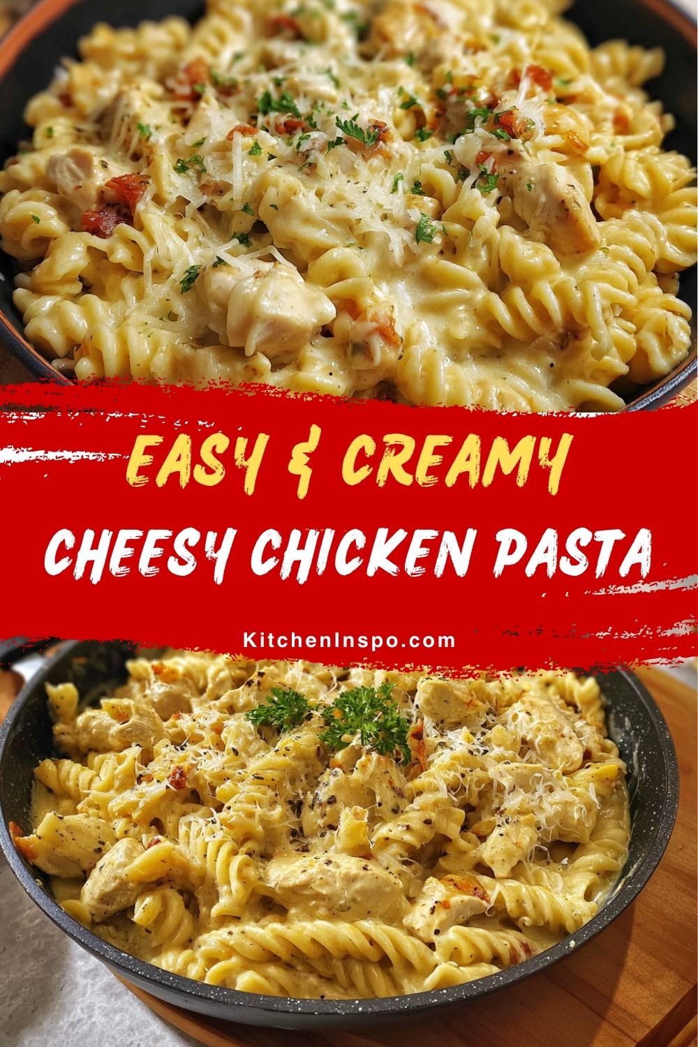A skillet of creamy cheesy chicken pasta made with tender rotini, juicy chicken chunks, and melted cheese, perfect for cheesy chicken pasta lovers looking for easy weeknight dinner ideas.