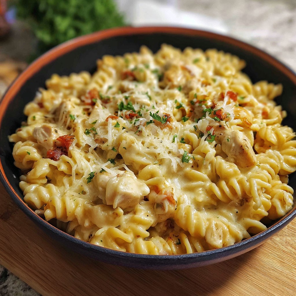 A skillet of creamy cheesy chicken pasta made with tender rotini, juicy chicken chunks, and melted cheese, perfect for cheesy chicken pasta lovers looking for easy weeknight dinner ideas.