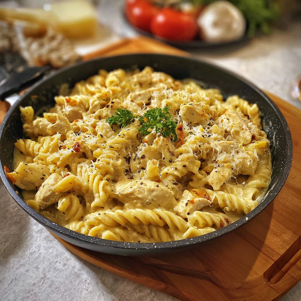 A skillet of creamy cheesy chicken pasta made with tender rotini, juicy chicken chunks, and melted cheese, perfect for cheesy chicken pasta lovers looking for easy weeknight dinner ideas.