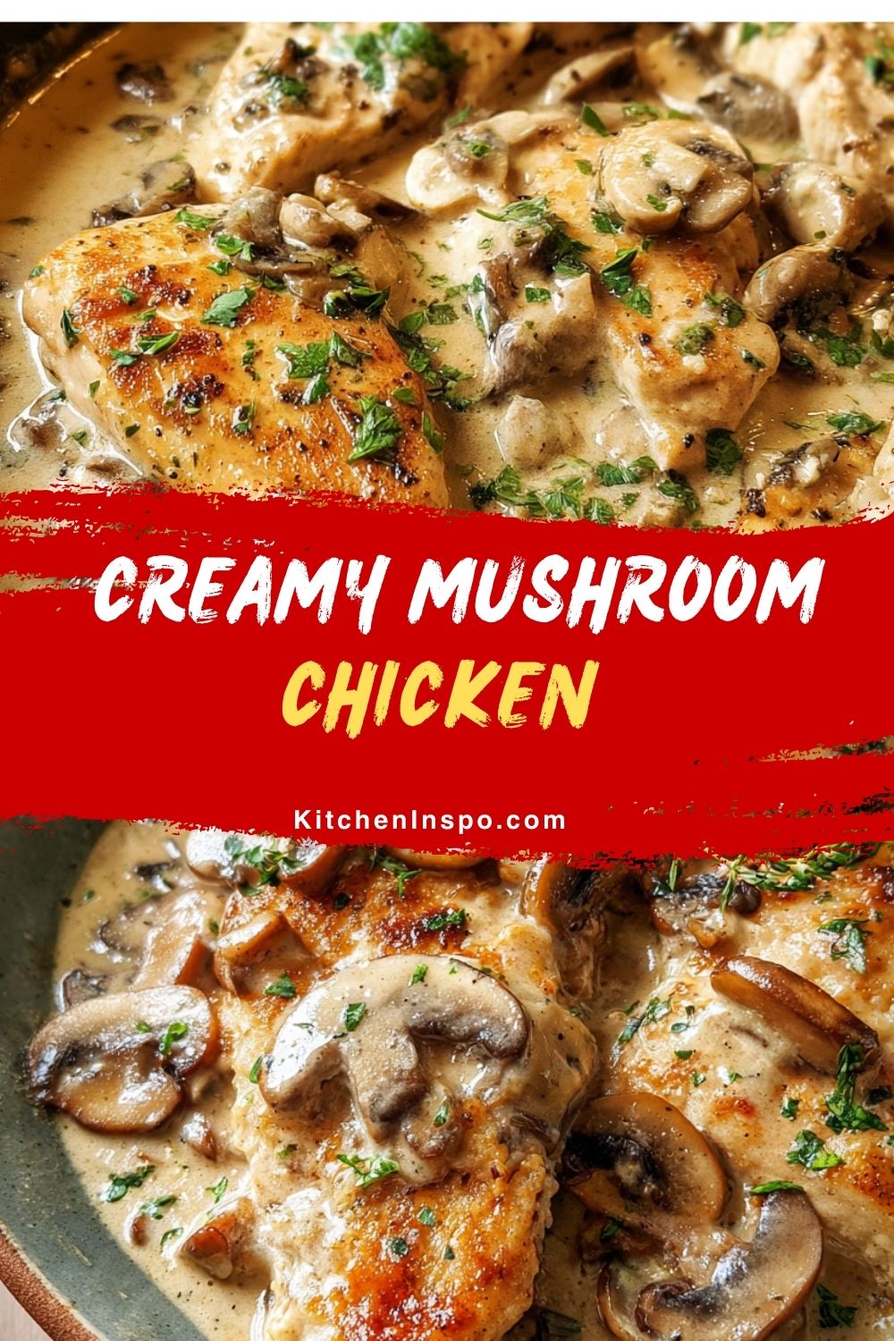 A skillet filled with creamy mushroom chicken topped with fresh herbs, perfect for creamy mushroom chicken lovers and anyone searching for rich Mushroom And Chicken Recipes.