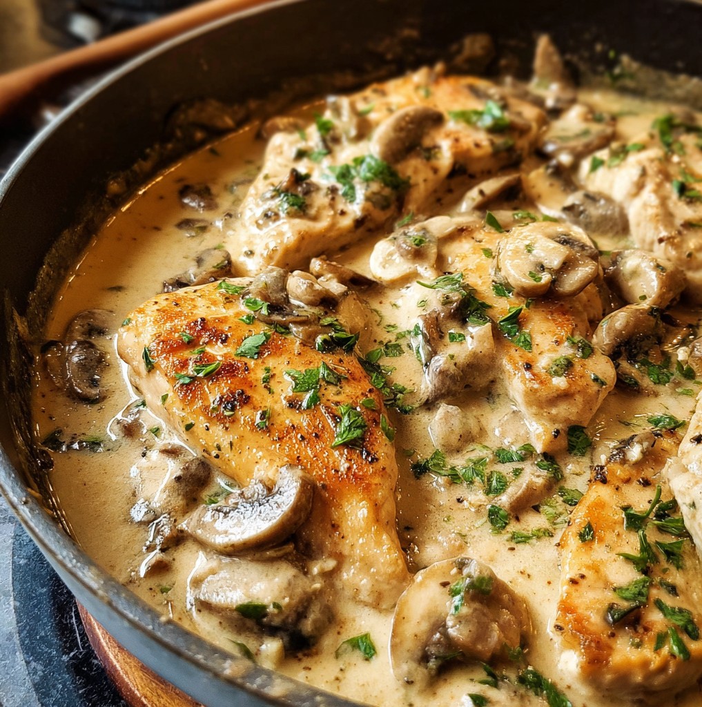 A skillet filled with creamy mushroom chicken topped with fresh herbs, perfect for creamy mushroom chicken lovers and anyone searching for rich Mushroom And Chicken Recipes.
