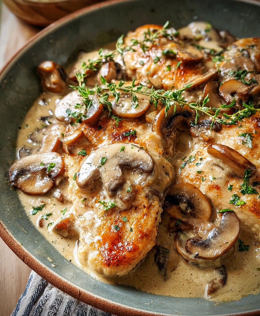 A skillet filled with creamy mushroom chicken topped with fresh herbs, perfect for creamy mushroom chicken lovers and anyone searching for rich Mushroom And Chicken Recipes.