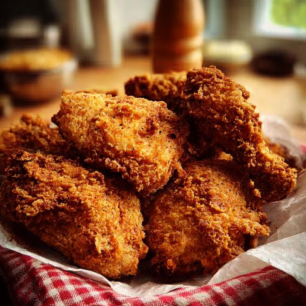 A basket filled with golden, crispy fried chicken pieces, perfect for family meals or party spreads, ideal for crispy fried chicken and chicken dinner recipes