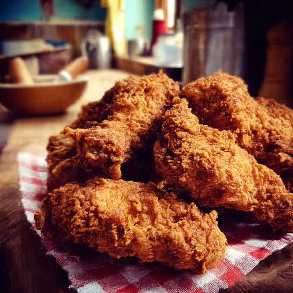 A basket filled with golden, crispy fried chicken pieces, perfect for family meals or party spreads, ideal for crispy fried chicken and chicken dinner recipes